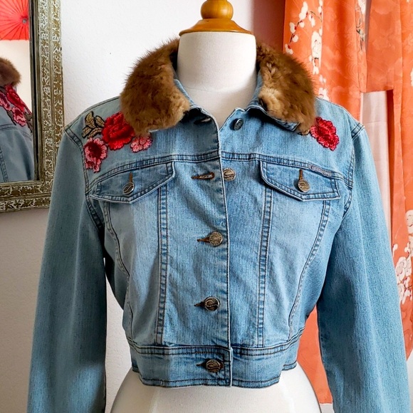 Cest Toi Jackets & Blazers - Vintage Fur Collared Cropped Denim Jacket Size Large